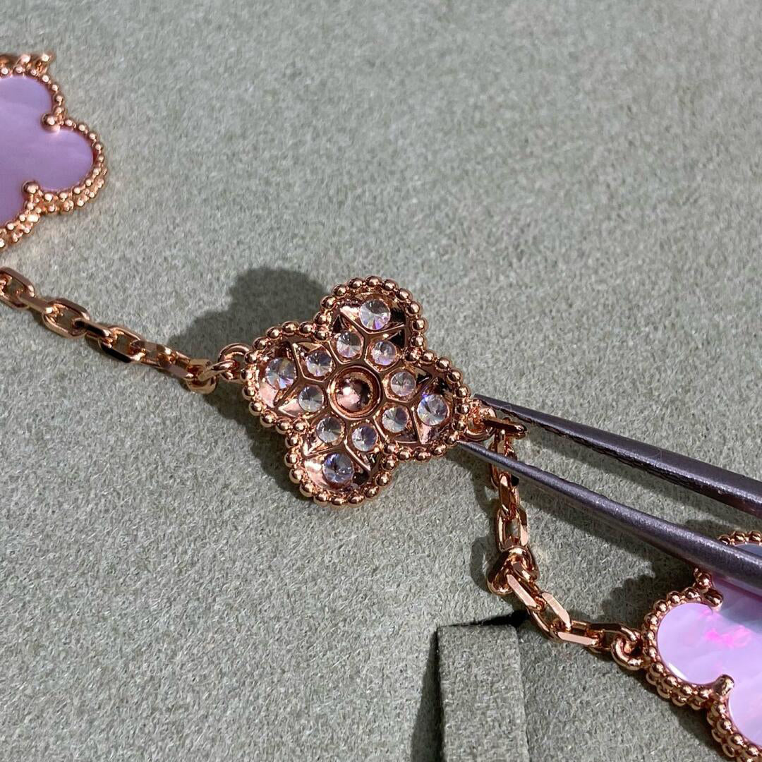 [baslovejewels]CLOVER 10 MOTIFS DIAMOND PINK MOP NECKLACE