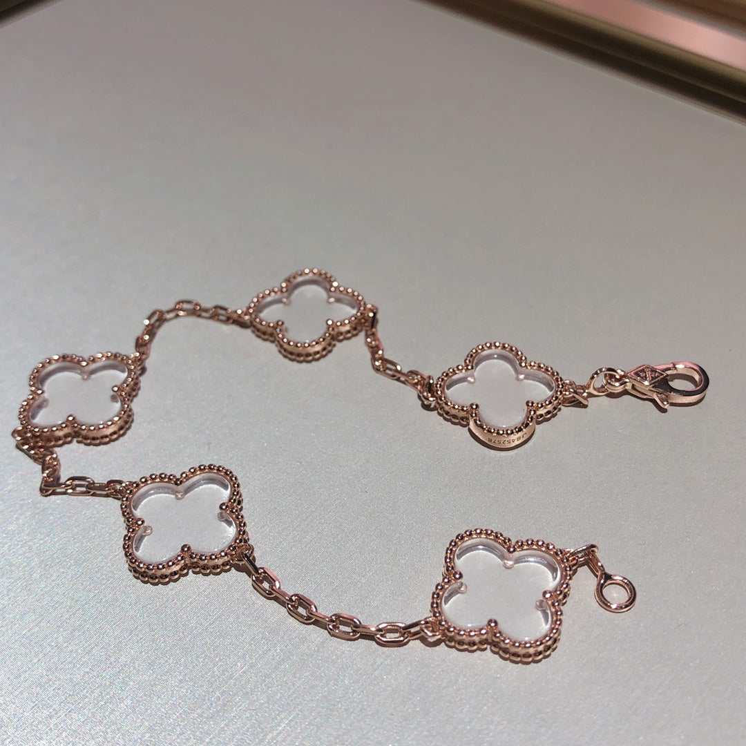 [baslovejewels]CLOVER 5 MOTIF ROCK CRYSTAL PINK GOLD BRACELET