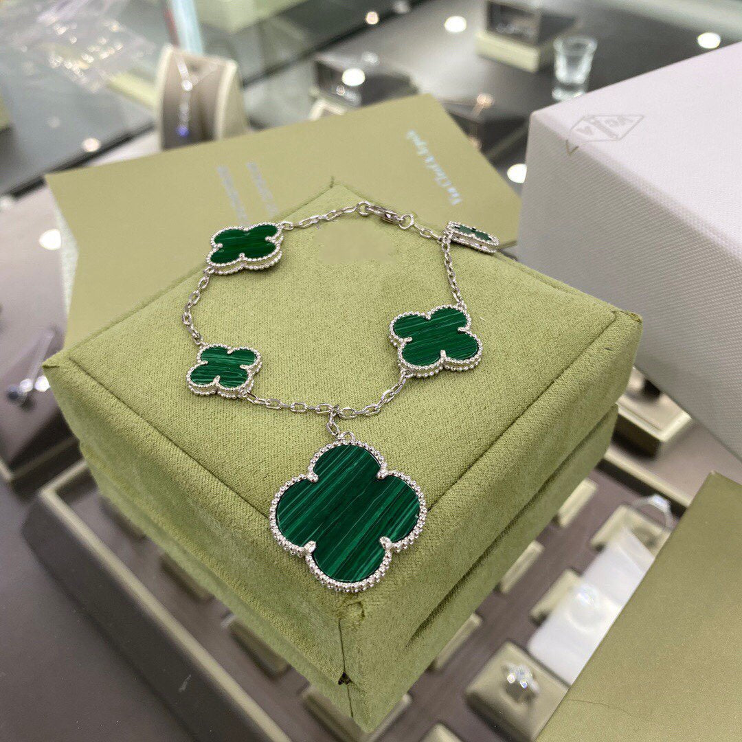 [basloveJW]CLOVER 5 MOTIFS SIVLER MALACHITE BRACELET