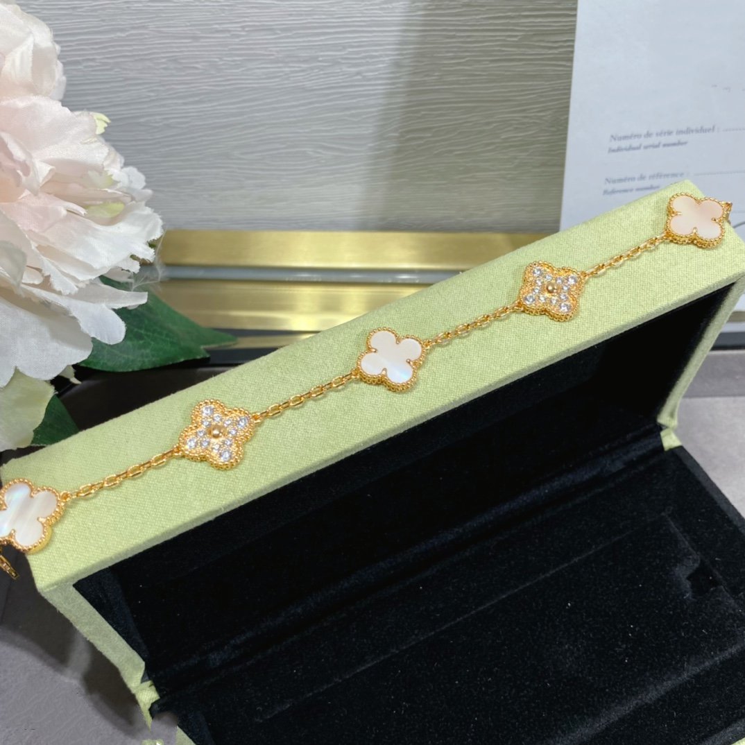 [baslovejewels]CLOVER 5 MOTIF DIAMOND PINK MOP PINK GOLD BRACELET