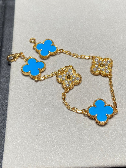 [baslovejewels]CLOVER 5 MOTIF BLUE CHALCEDONY DIAMOND GOLD BRACELET