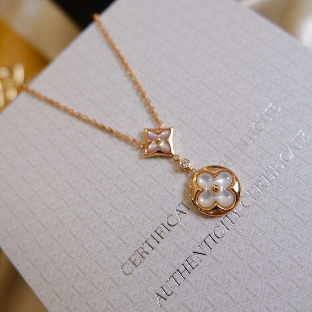 [baslovejewels]STAR AND SUN WHITE MOP 2 MOTIF PINK GOLD NECKLACE