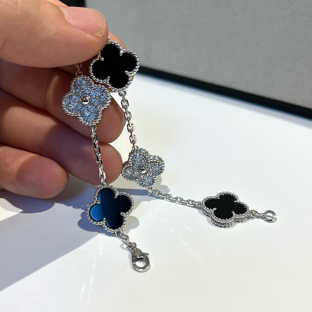 [baslovejewels]CLOVER 5 MOTIF ONYXS DIAMOND BRACELET SILVER
