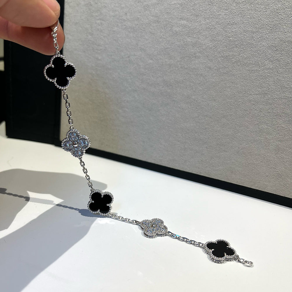 [baslovejewels]CLOVER 5 MOTIF ONYXS DIAMOND BRACELET SILVER
