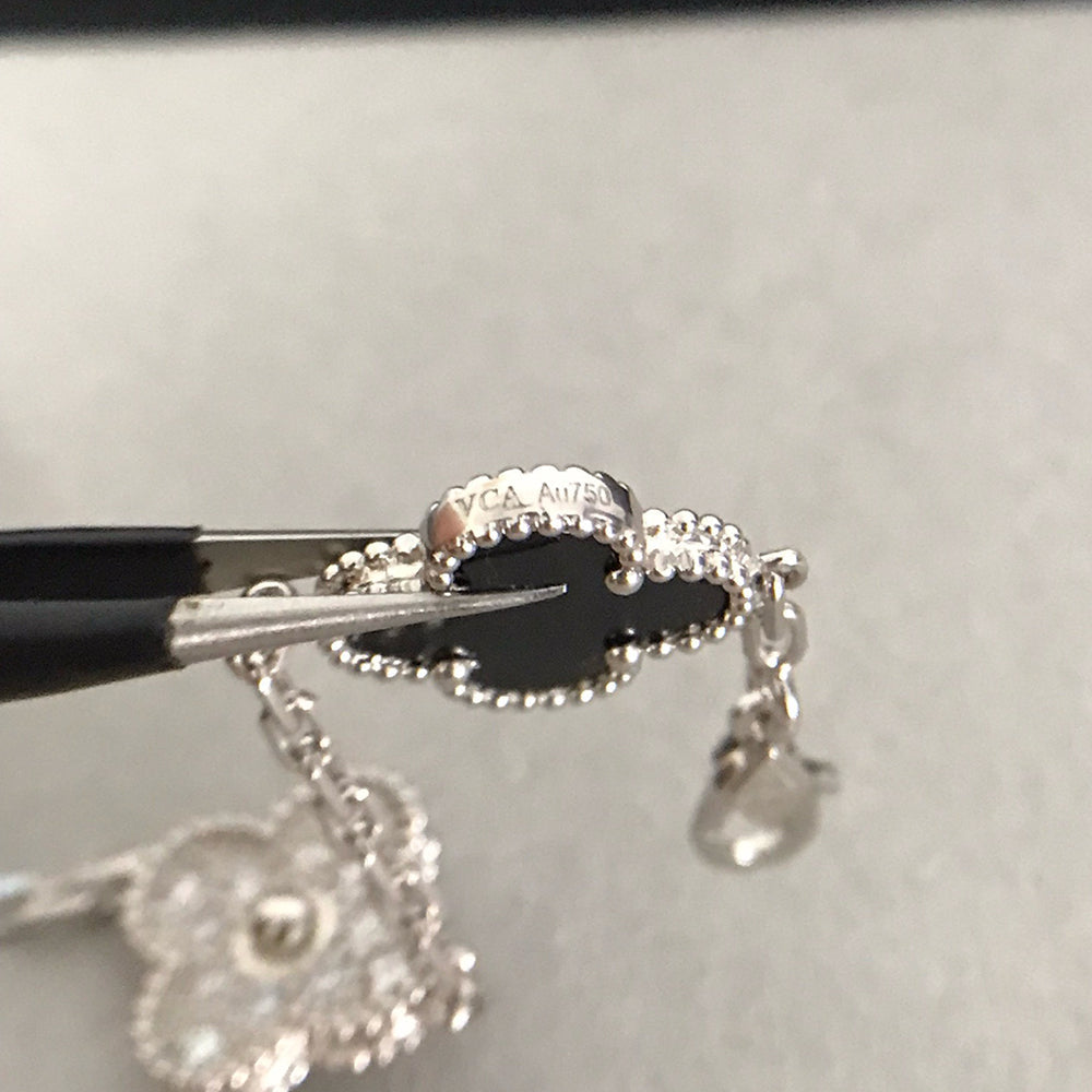 [baslovejewels]CLOVER 5 MOTIF ONYXS DIAMOND BRACELET SILVER