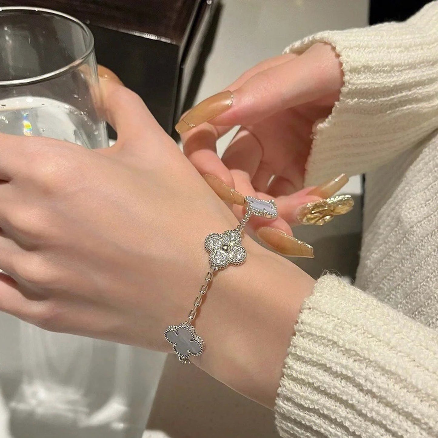 [baslovejewels]CLOVER  5 MOTIF DIAMOND PURPLE CHALCEDONY BRACELET SILVER
