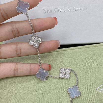 [baslovejewels]CLOVER  5 MOTIF DIAMOND PURPLE CHALCEDONY BRACELET SILVER